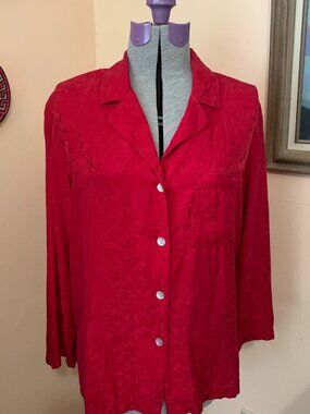 August Silk Women's M 100% Silk Button Down Red Floral Jacquard Classy Tulips